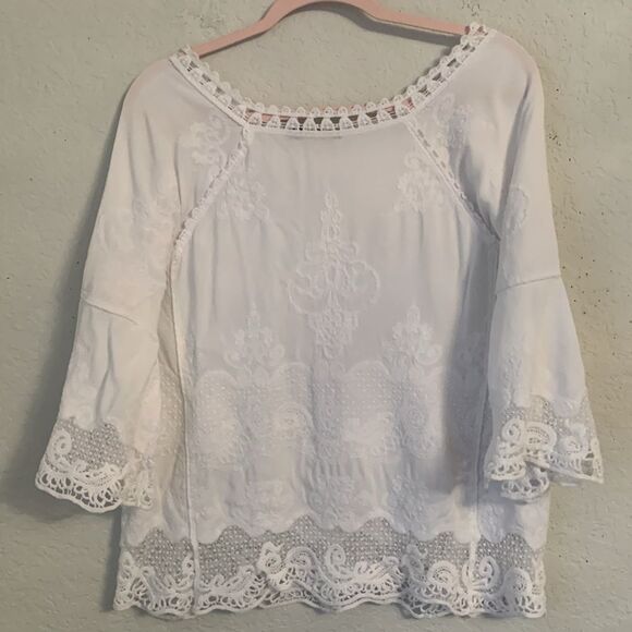 Spiaggia Dolce White Lace Embroidered Cold Shoulder Blouse Women's Size M - Picture 2 of 10